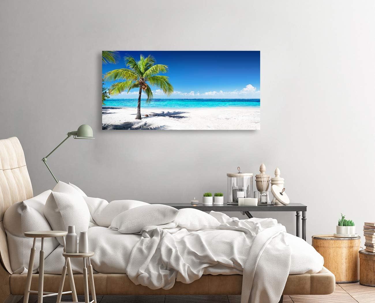 Large Blue Ocean Landscape Canvas Print with Palm Tree