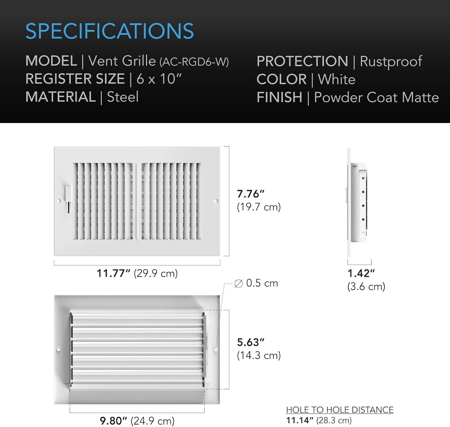 Tru Aire 6 in. H X 10 in. W 2-Way Powder Coat White Steel Wall/Ceiling Register