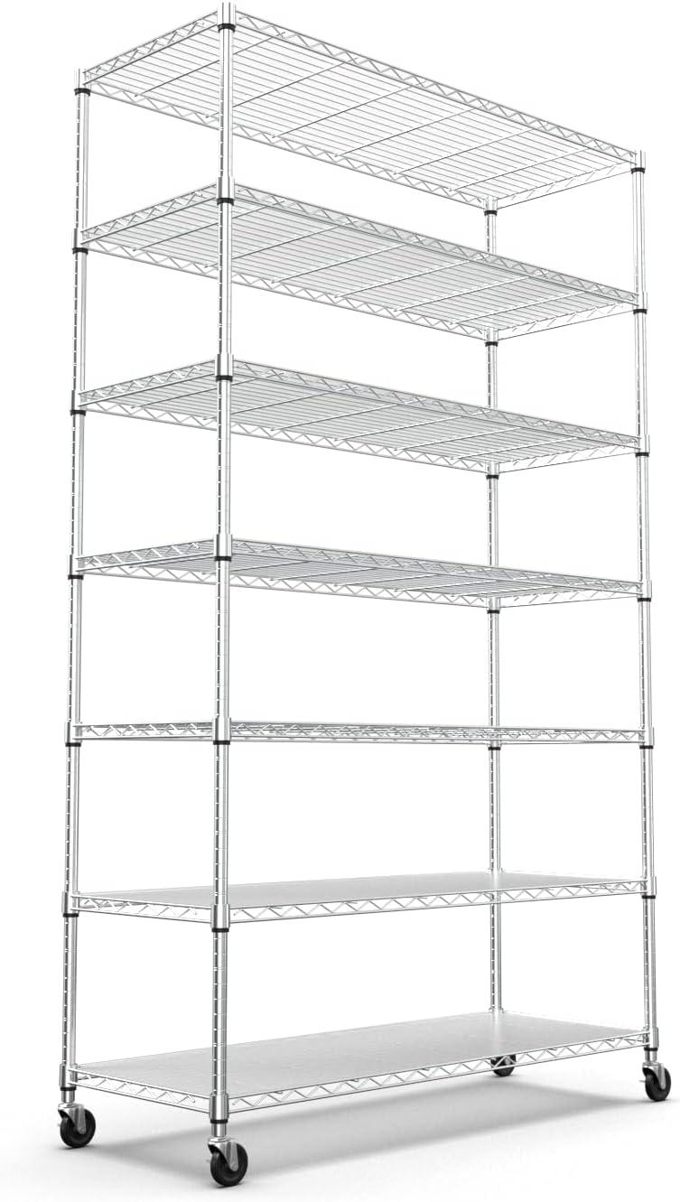 Chrome NSF 7 Tier Metal Shelf Wire Shelving Unit, 2450lbs Heavy Duty Adjustable Storage Rack with Wheels & Shelf Liners for Closet Kitchen Garage Basement Commercial Shelving - 82" H x 48" L x 18" D