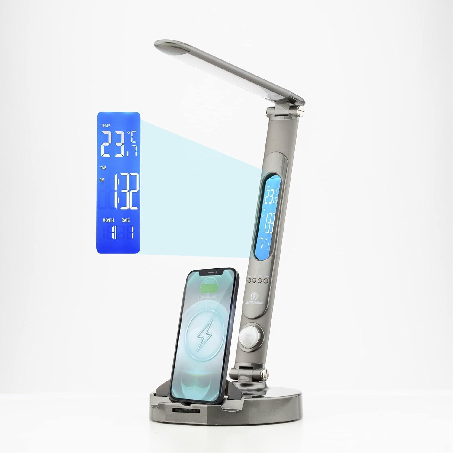 Adjustable Silver LED Desk Lamp with Universal Phone Charger