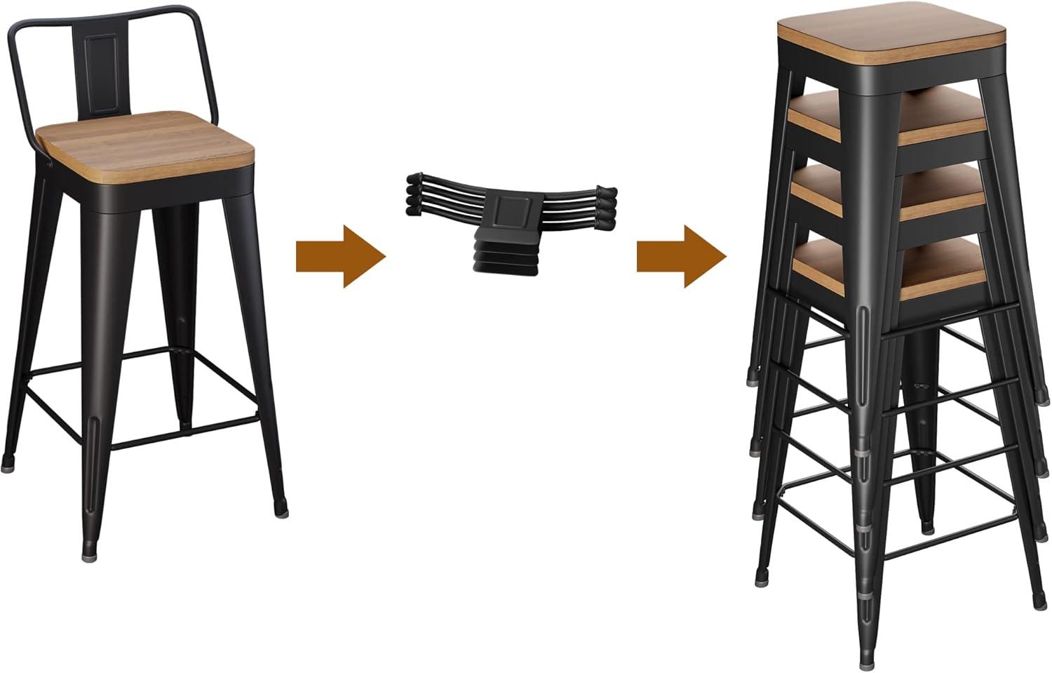 Set of 4 Black Metal and Wood Counter Stools