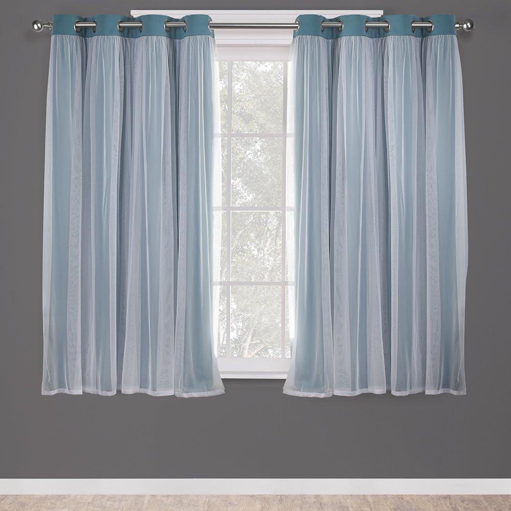 Set of 2 (63"x52") Caterina Layered Solid Blackout with Sheer Top Curtain Panels Blue Blue - Exclusive Home