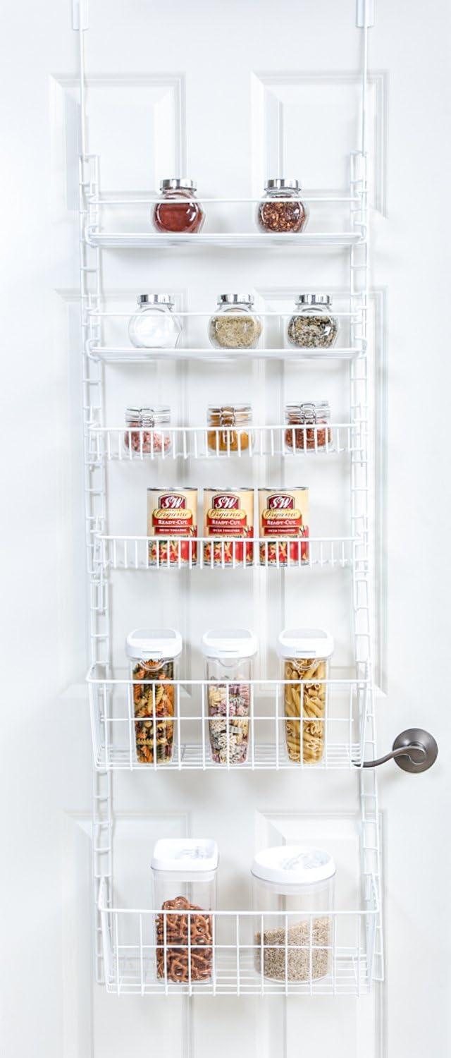 Smart Design Over The Door Adjustable Pantry Organizer Rack w/ 6 Adjustable Steel Shelves - White