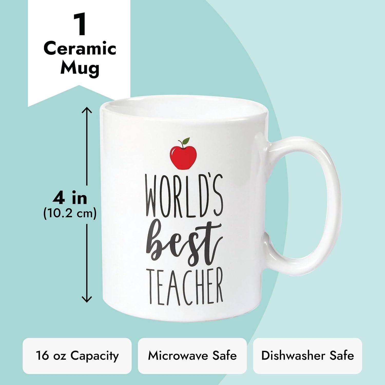 Blue Panda Large World's Best Teacher Coffee Mug White Ceramic Cup - Novelty Appreciation Gift for Teachers, Women, Men (16 oz)