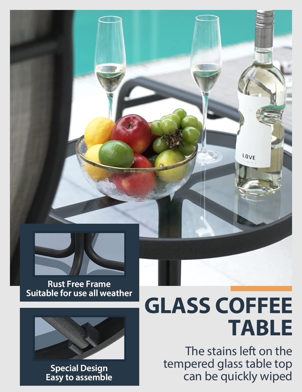 HAPPATIO Patio Chaise Lounge Set 3 Pieces,Patio Lounge Chair with Glass Coffee Table,Pool Lounge Chair with Breathable Textilene Fabric,Patio Chaise Lounge for Patio Backyard Poolside(Gray)