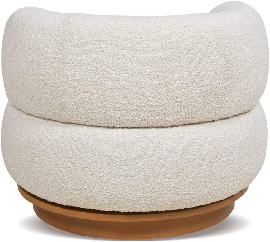 Ivory White Boucle Swivel Barrel Accent Chair with Wood Base