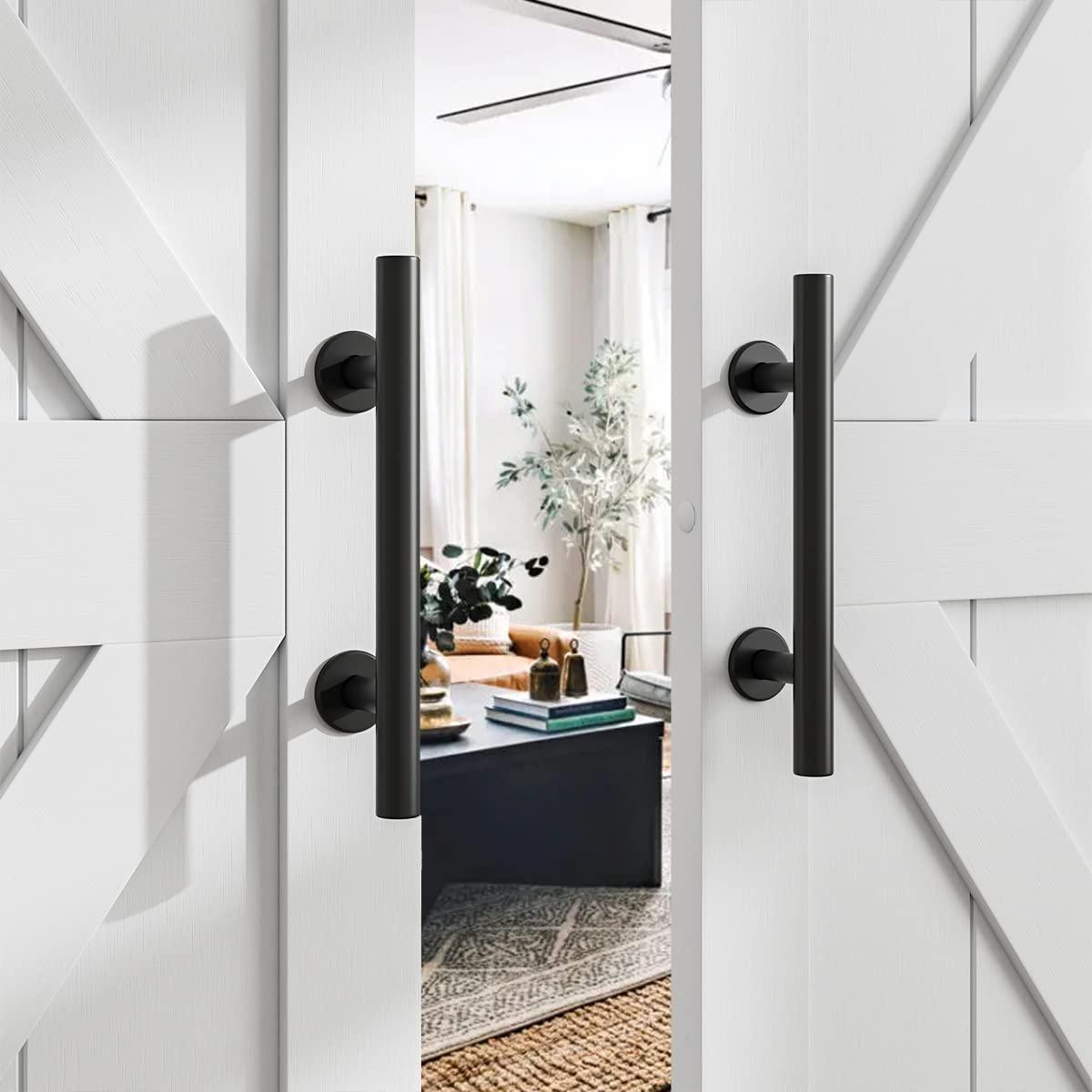 Heavy Duty 12" Pull and Flush Barn Door Handle Set, Large Rustic Two-Side Design, for Gates Garages Sheds Furniture, Solid Steel Material, Round, Black