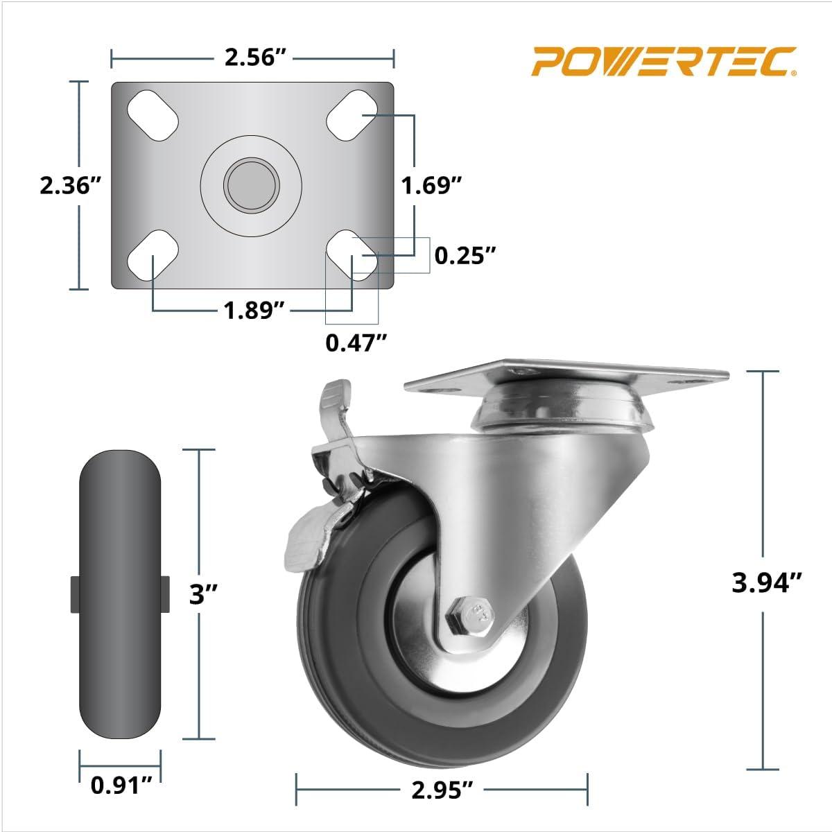 POWERTEC 4PK 3 Inch Heavy Duty Dual Locking Swivel Plate Caster Wheels with 640 lbs Total Loads, Industrial Castor Wheels for Workbench, Dolly, Cart & Furniture (17023-P4)