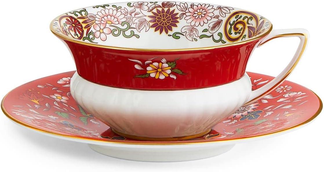 Crimson Jewel Floral Fine Bone China Teacup and Saucer Set