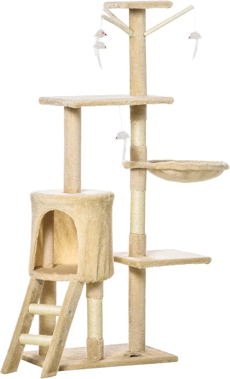 Beige Sisal and Plush Cat Condo Tower with Scratching Posts