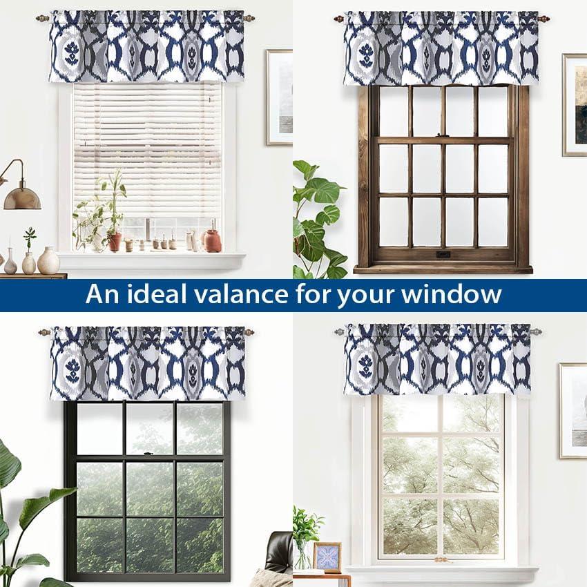 DriftAway Evelyn Ikat Fleur Floral Pattern Window Curtain Valance 14"L x 52"W Navy Blue
