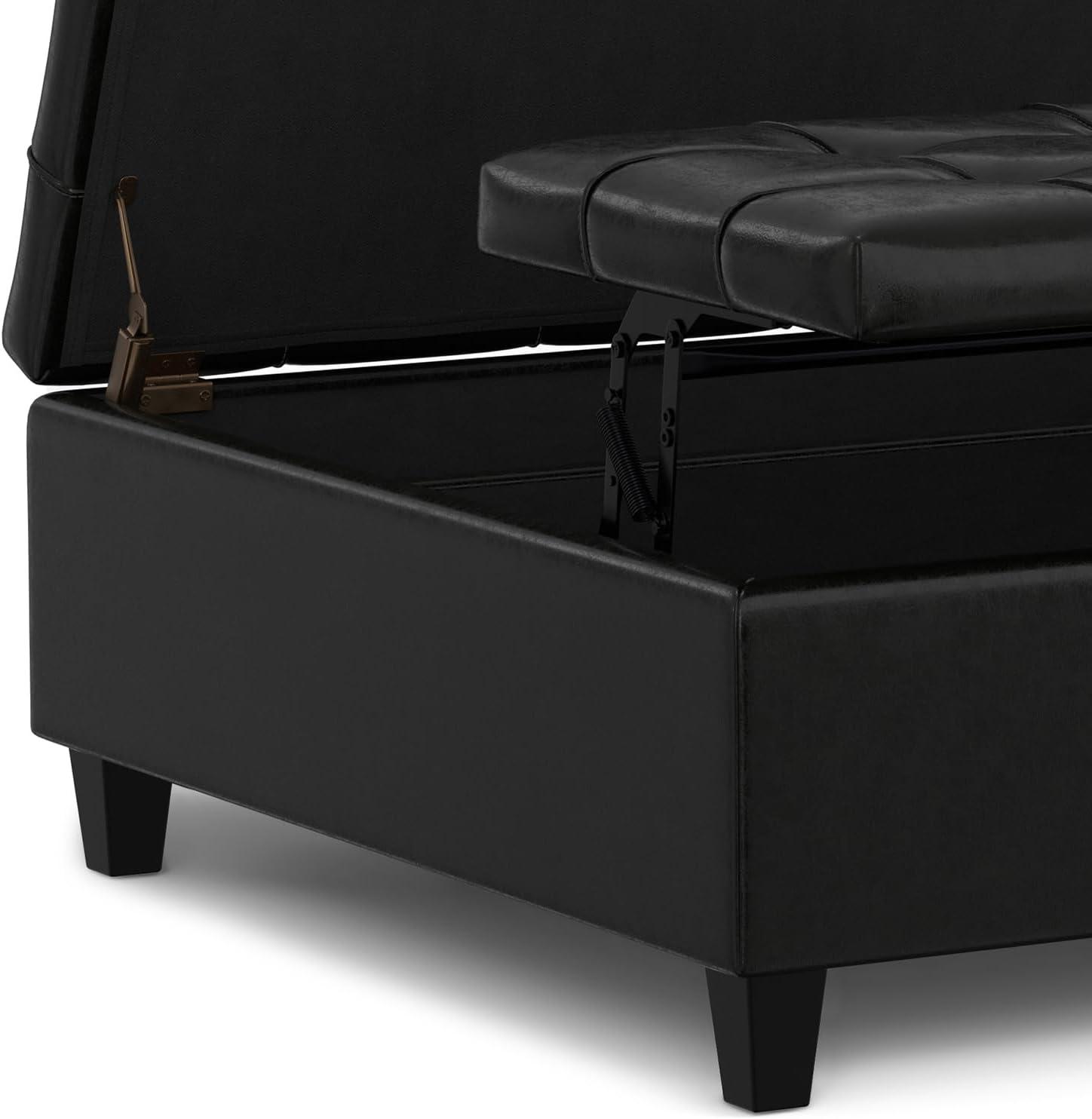 Simpli Home Harrison 40 inch Wide Transitional Square Large Coffee Table Storage Ottoman in Midnight Black Vegan Faux Leather