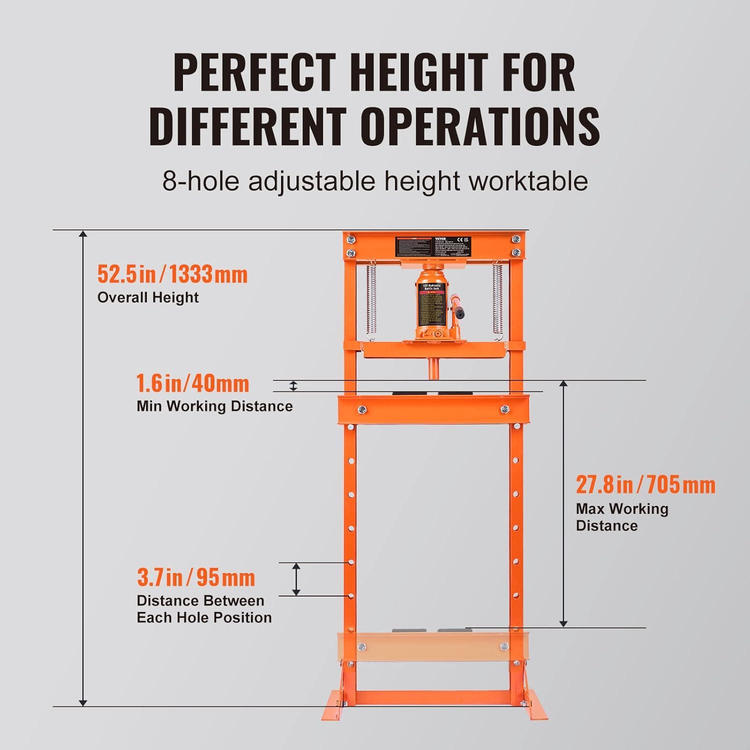 BENTISM Hydraulic Shop Press 12 Ton H-Frame Benchtop Garage Floor Press with Heavy Steel Plates Adjustable Workbench