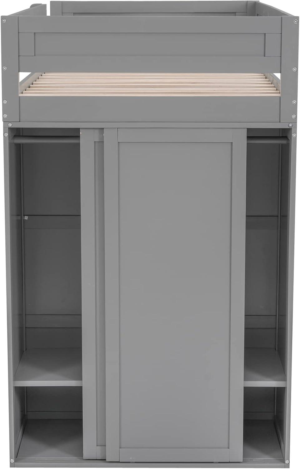 Harper & Bright Designs Twin Size Loft Bed with Wardrobes and Desk, Solid Wood Loft Bed Frame with 2 Storage Drawers Cabinet, for Kids Teens Adults (Gray)