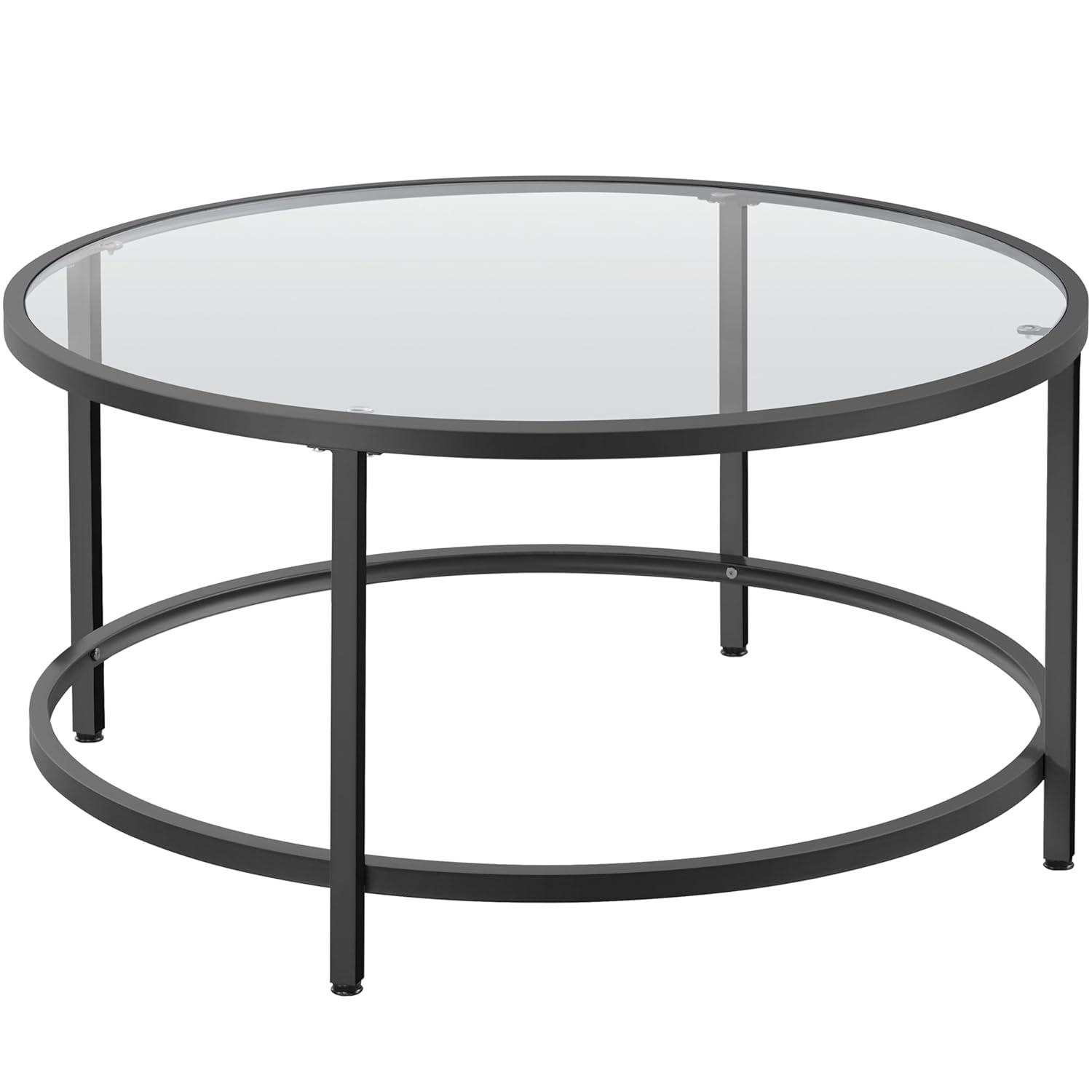 36" Round Glass Coffee Table, Black Circle Coffee Table Center Table with Glass Top, Small Coffee Table for Living Room, Office and Apartment