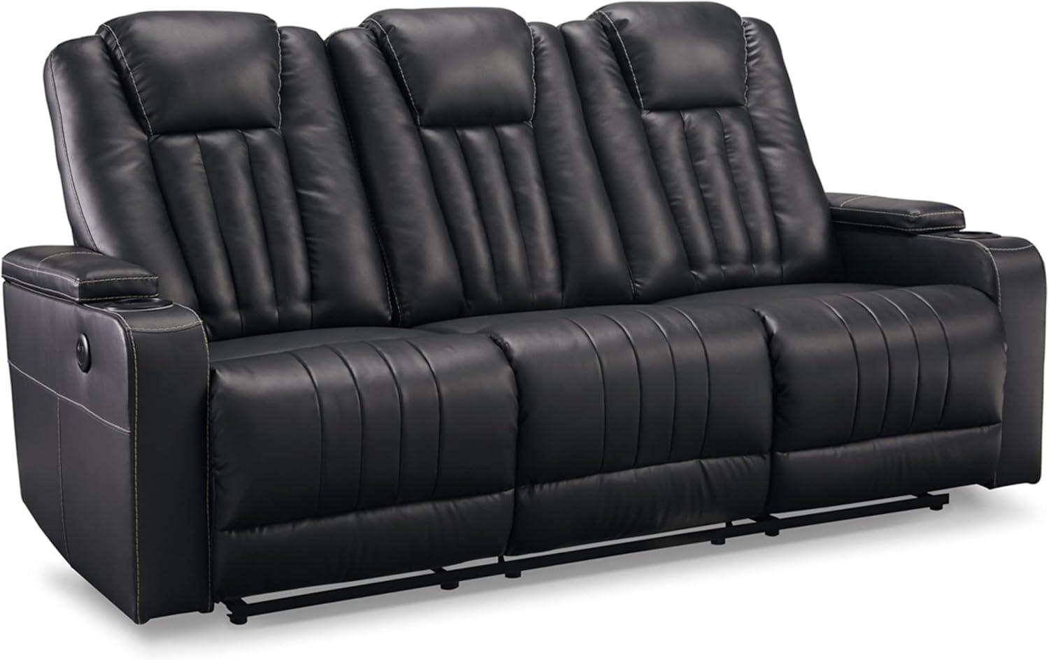 Black Faux Leather Manual Reclining Sofa with Cup Holder