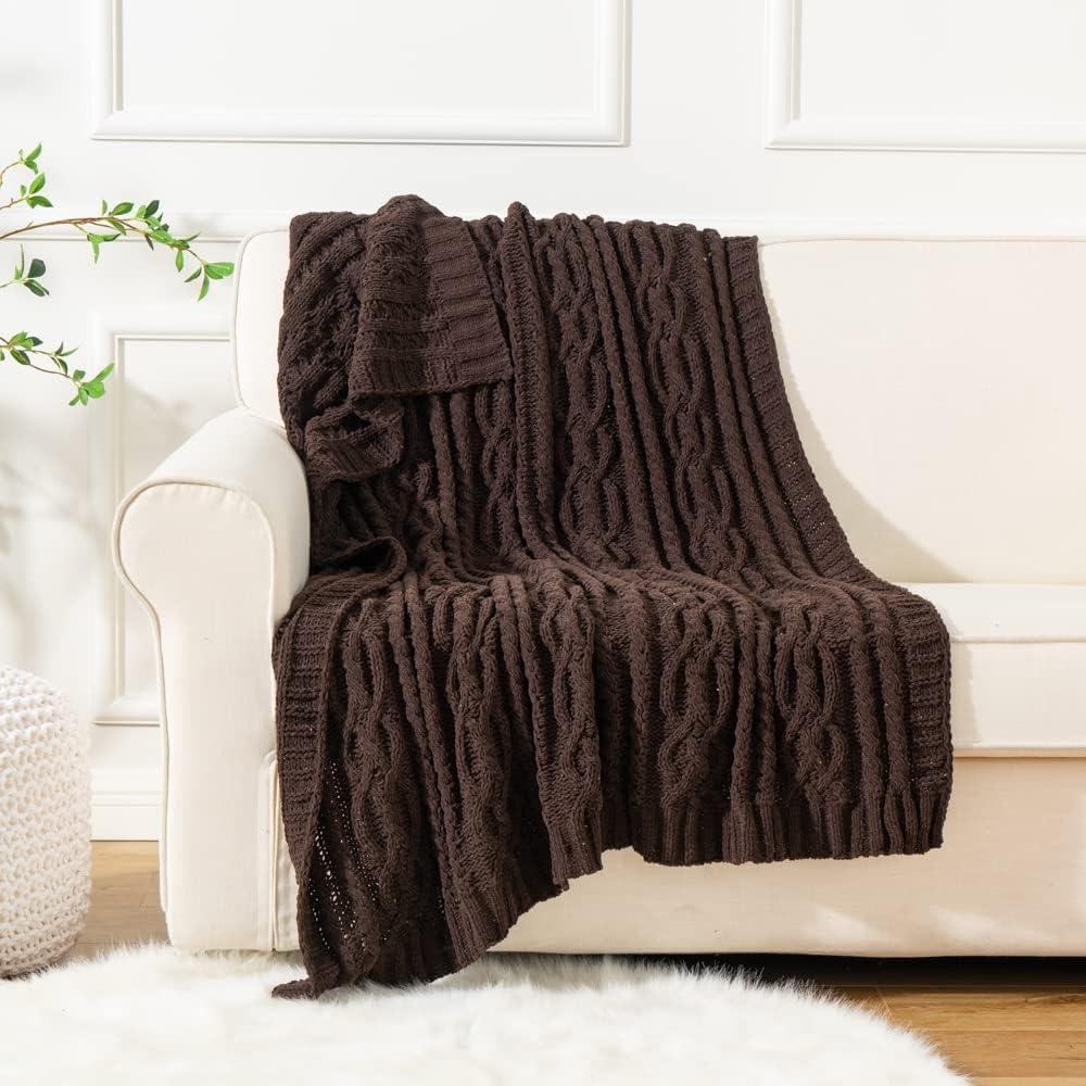 Battilo Dark Brown Throw Blanket for Couch, Soft Chenille Knit Throw Blanket, Decorative Sofa Blanket Chocolate Brown,Christmas Decor,51"x67"