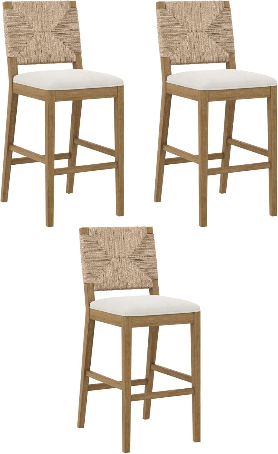 Cream Boucle and Seagrass Bar Stools with Light Brown Wood Frame, Set of 3
