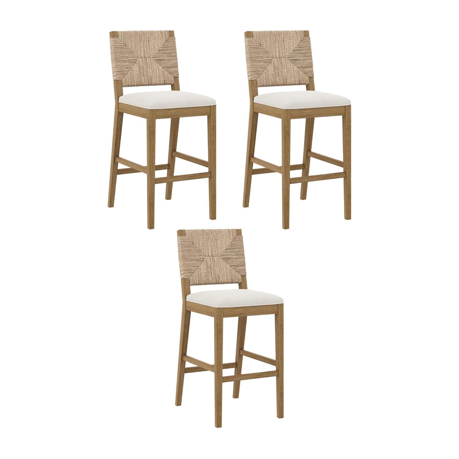 Cream Boucle and Seagrass Bar Stools with Light Brown Wood Frame, Set of 3