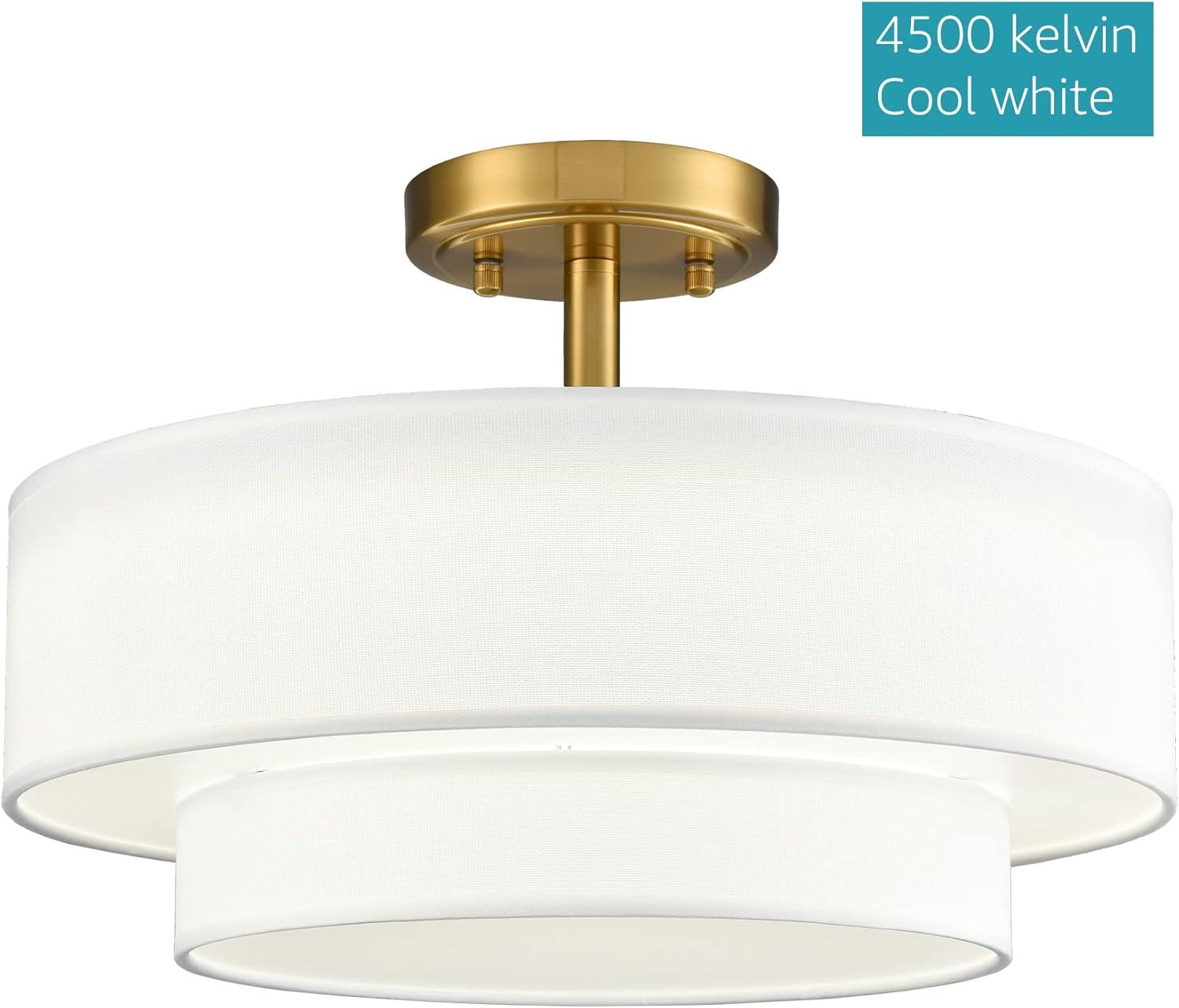 Claxy 15" Gold Semi Flush Mount LED Ceiling Light with Dual-Layer Drum Linen Shade