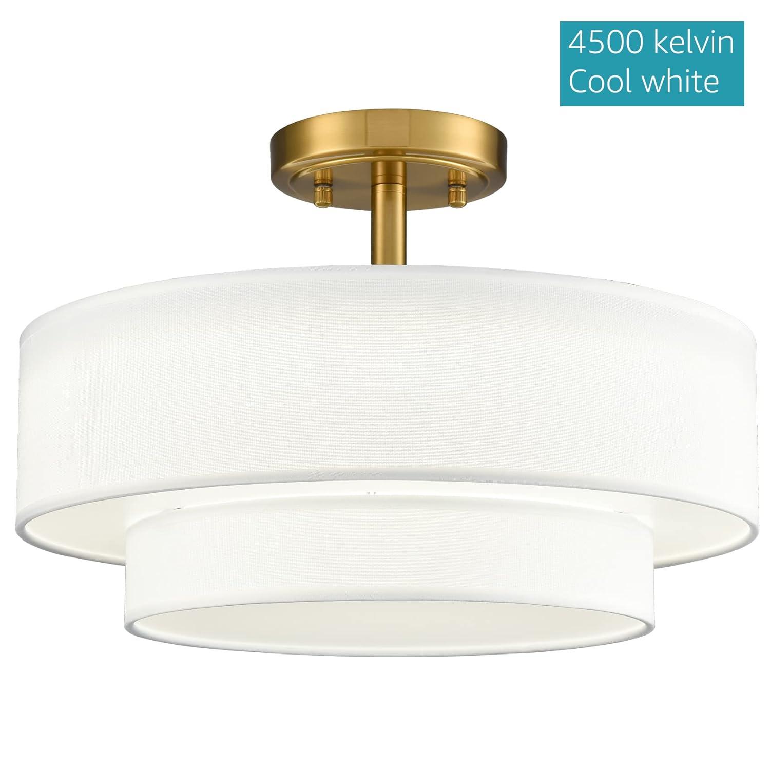 Claxy 15" Gold Semi Flush Mount LED Ceiling Light with Dual-Layer Drum Linen Shade