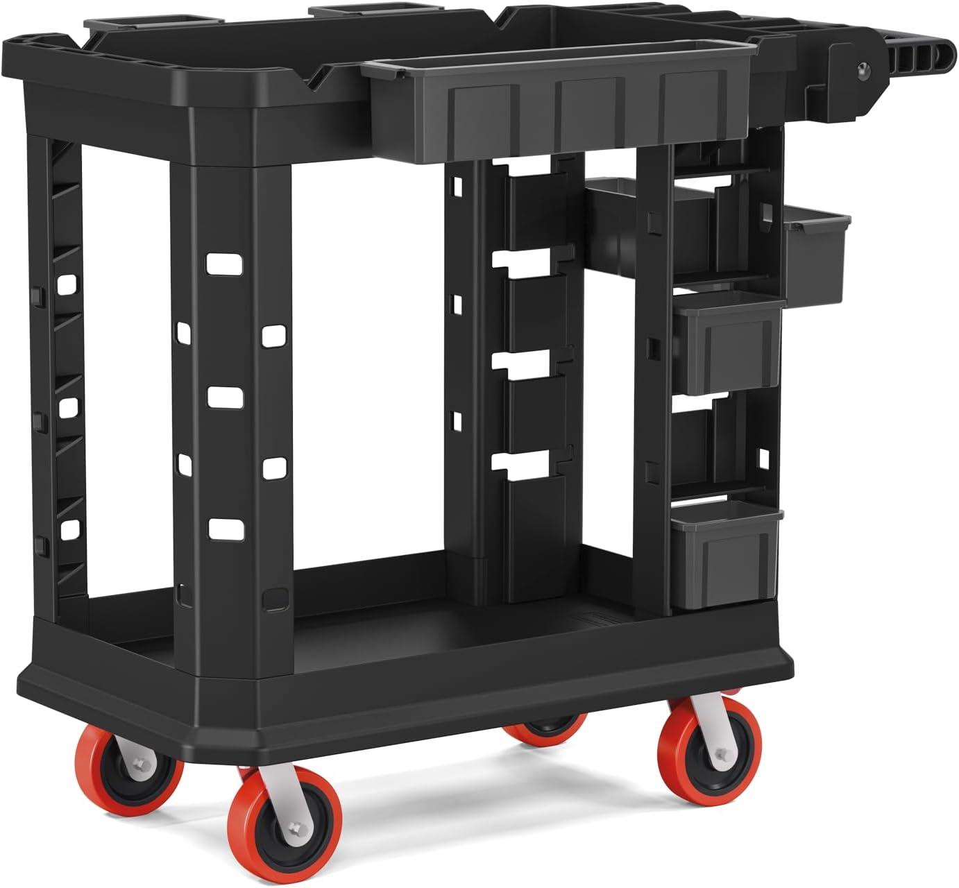 Black Heavy Duty Plus Utility Cart with Customizable Bins and Polyurethane Wheels