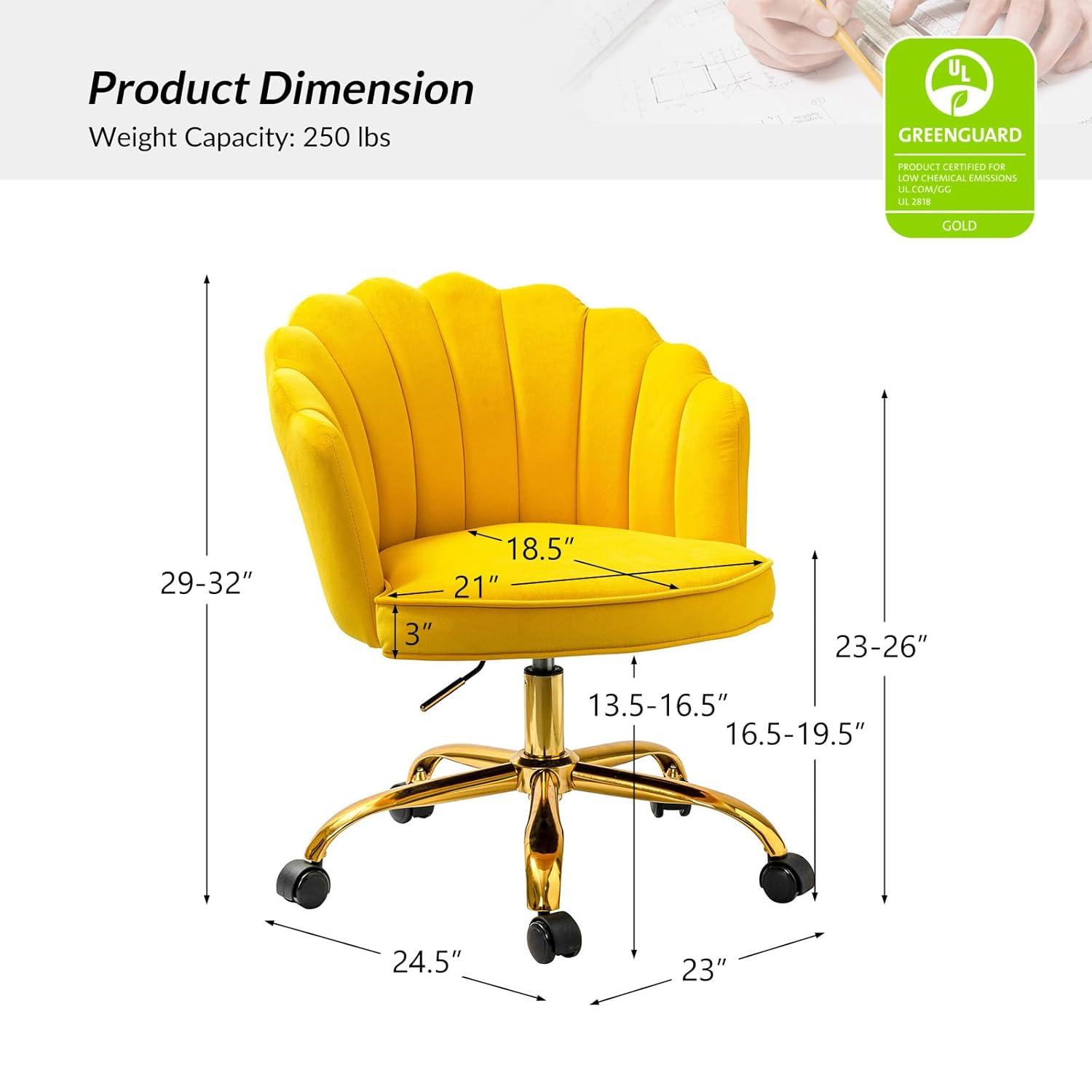 HULALA HOME Velvet Home Office Desk Chair, Modern Shell Back Makeup Vanity Chair with Wheels, Swivel Height Adjustable Cute Task Chair for Women Girls, Yellow