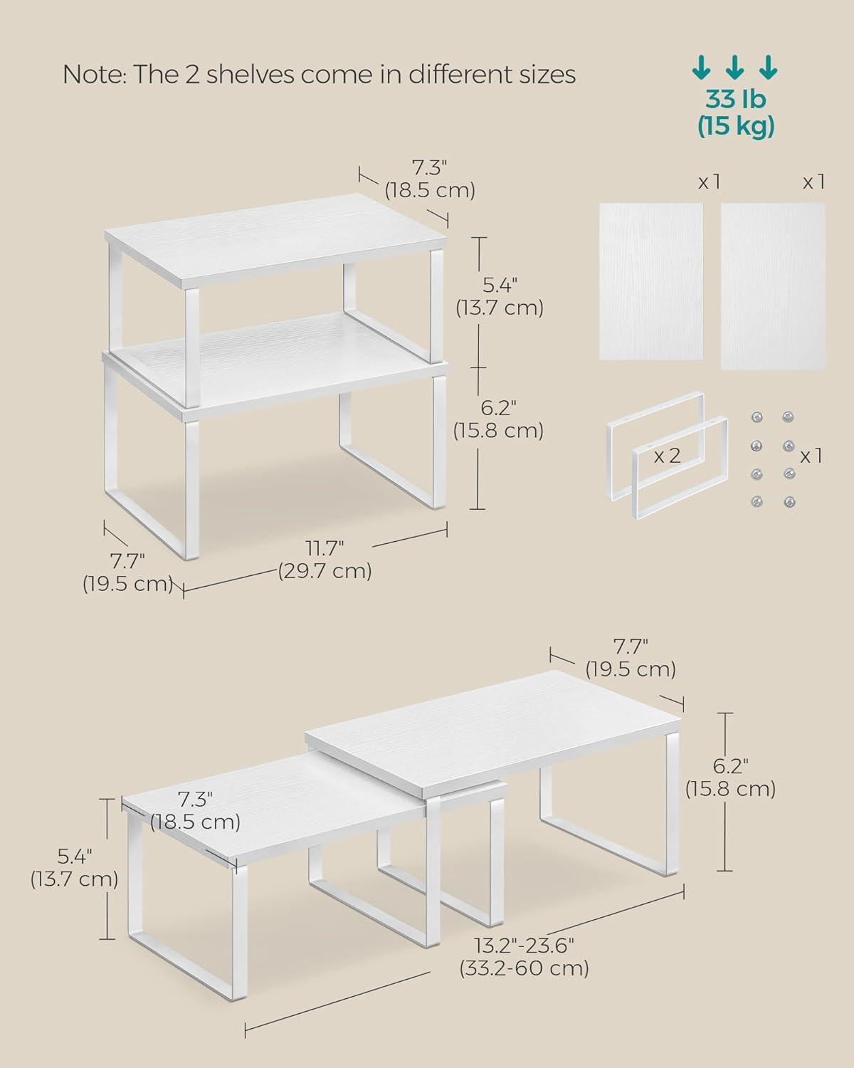 Cabinet Organizer Shelf, Set of 2 Kitchen Counter Shelves, Kitchen Storage, Spice Rack, Stackable, Expandable, Metal and Engineered Wood, Cloud White and Snow White UKCS02W01
