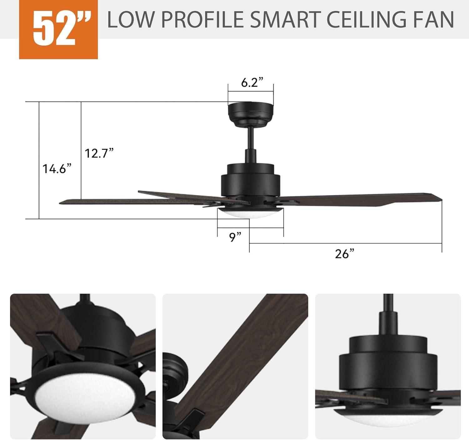 52" 5 Baldes Smart Wifi Ceiling Fan with Remote and Dimmable LED Light Dark Wood