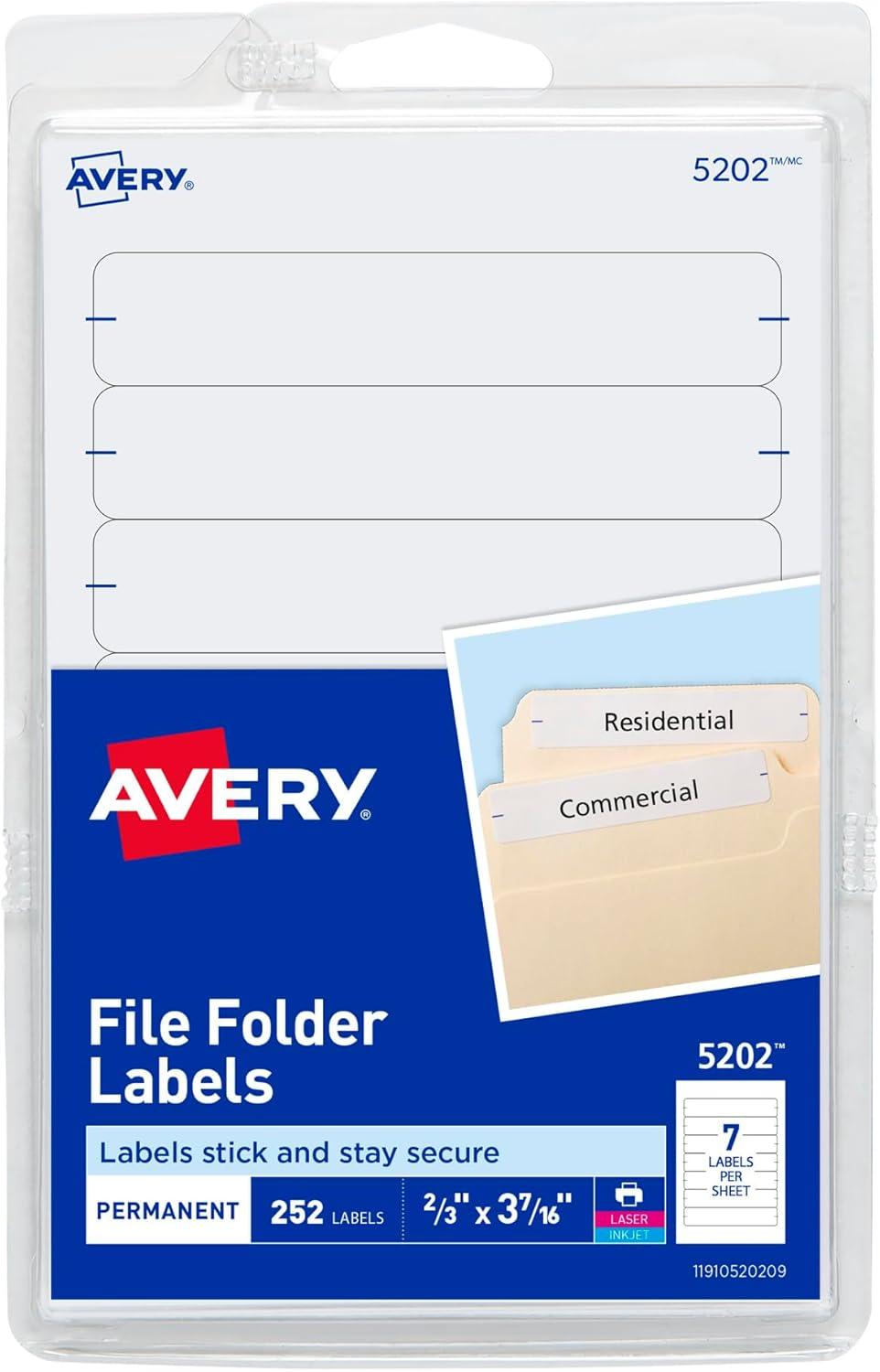 Avery Laser/Inkjet Permanent Print-or-Write File Folder Labels White 252 Labels Per Pack 4536/Carton