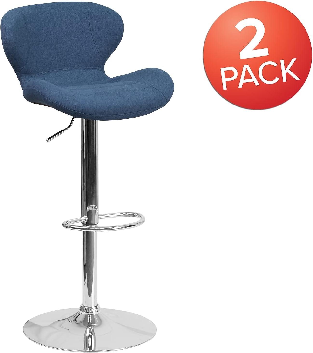 Flash Furniture Francis Contemporary Blue Fabric Adjustable Height Barstool with Curved Back and Chrome Base