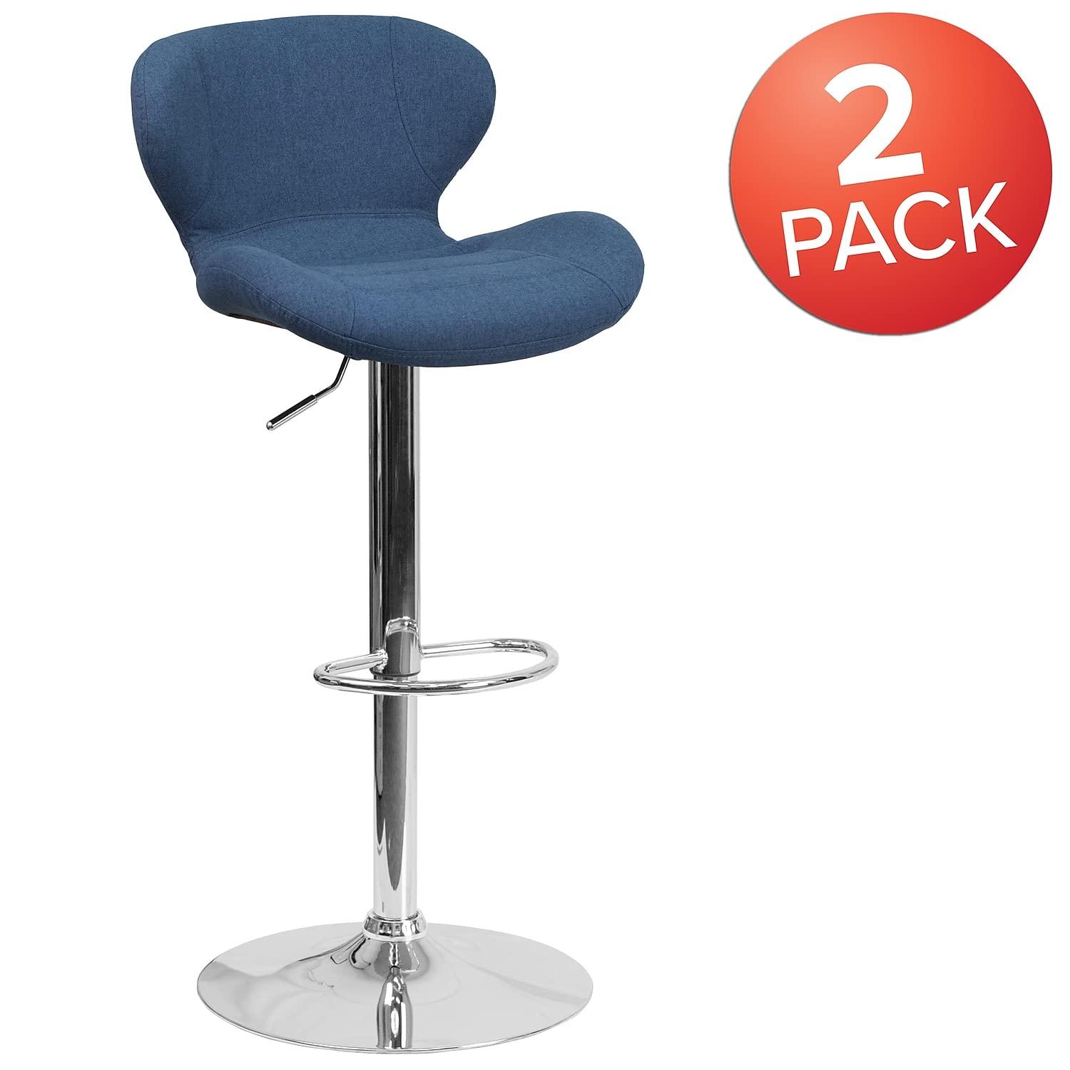 Flash Furniture Francis Contemporary Blue Fabric Adjustable Height Barstool with Curved Back and Chrome Base