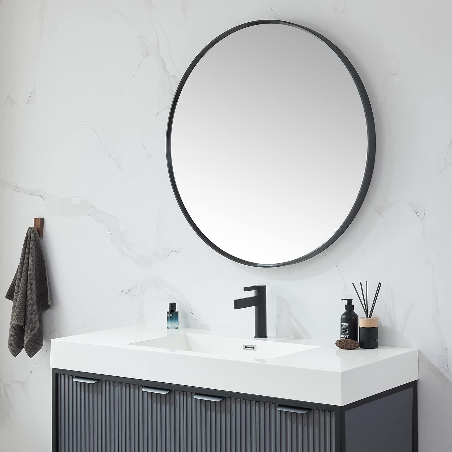 Vinnova Design Cascante 35.4 in. W x 35.4 in. H Round Metal Wall Mirror in Brushed Black