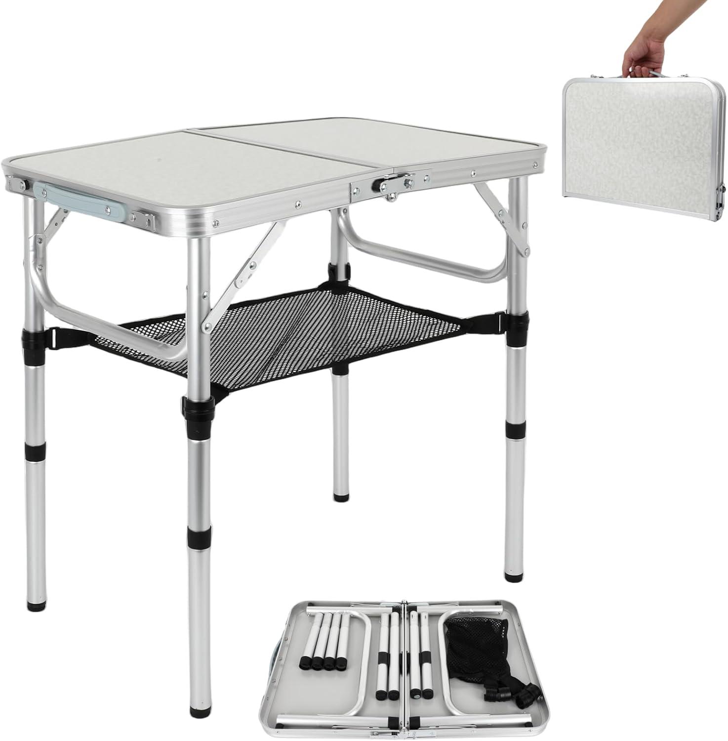 Small Adjustable Height Aluminum Folding Table with Mesh Storage