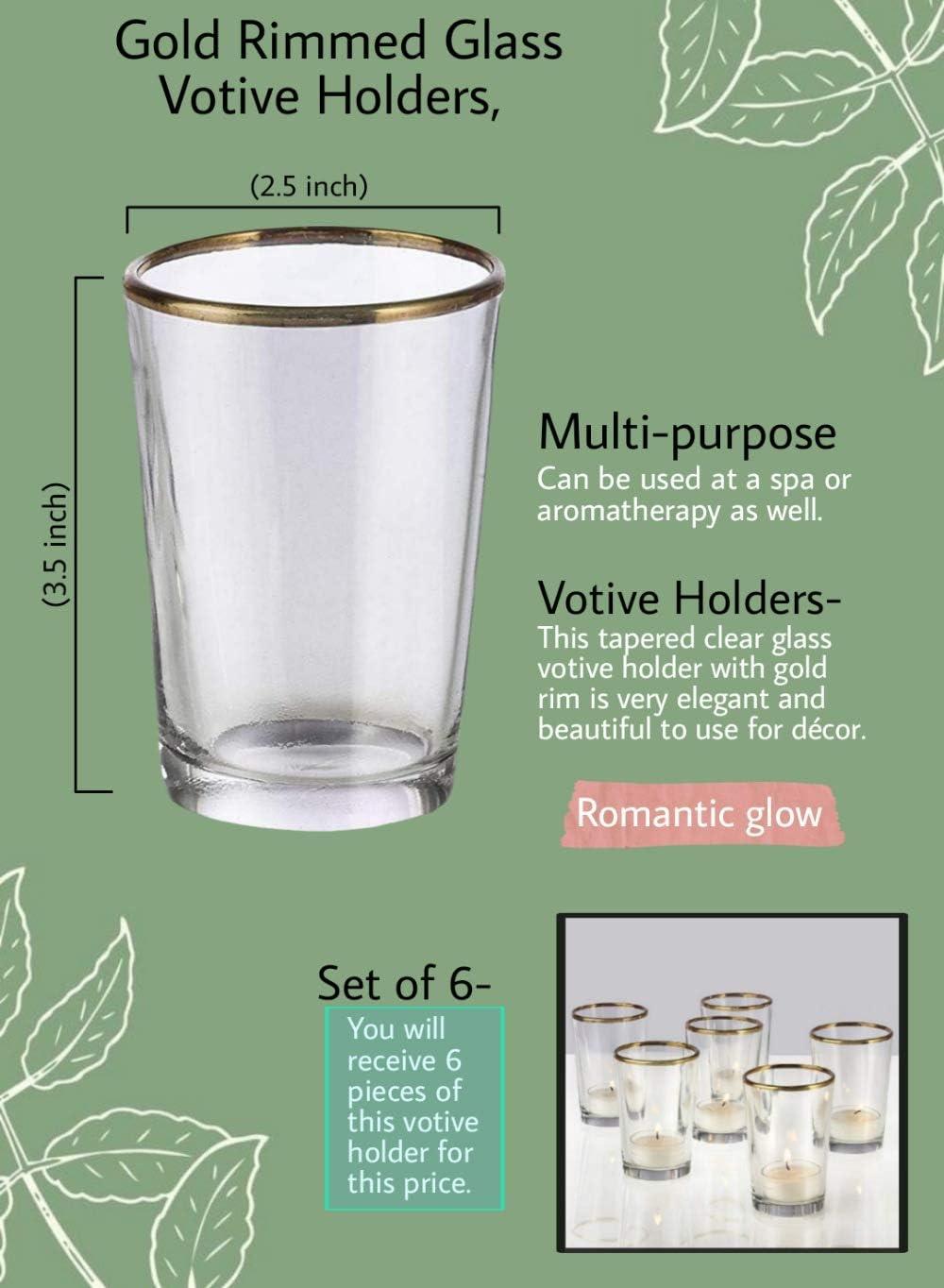 Serene Spaces Living Set of 6 Gold Rimmed Glass Votive Holders, Ideal for use at Home, Wedding, Aromatherapy, Spa, Reiki, Measures 3.5" Tall & 2.5" Diameter