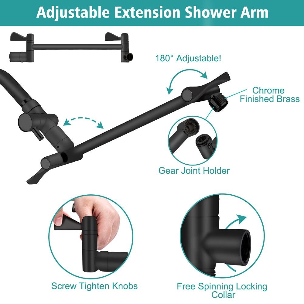 Shower Head with Hose, 8'' High Pressure Rain Shower Head, Handheld Shower Head Combo with 11'' Extension Arm, 5 Spray Settings Adjustable Shower Head with Holder, Height/Angle Adjustable