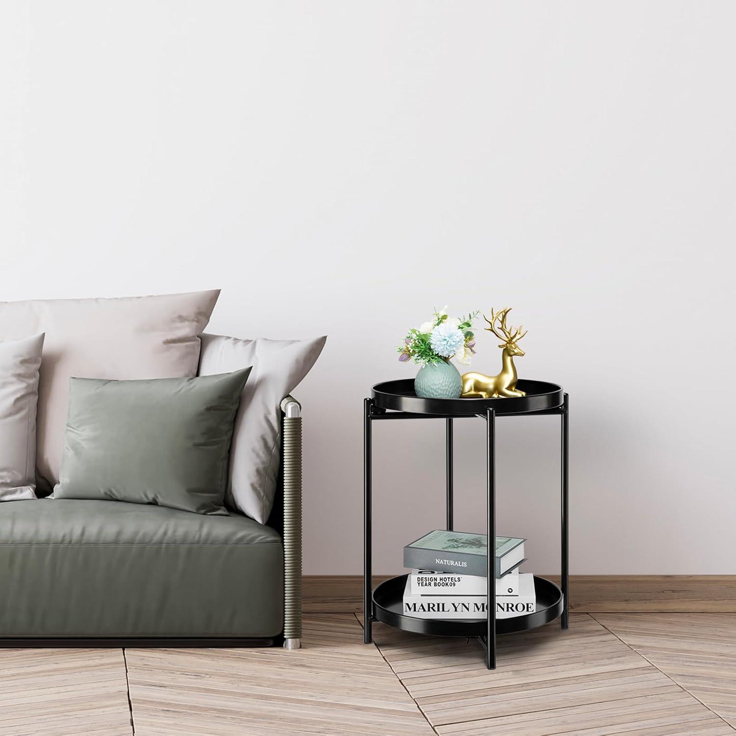 danpinera 2-Tier Round Side Table, Metal End Table with Removable Tray, Small Outdoor Table Accent Table, Anti-Rust Black Nightstand for Bedroom Balcony Patio (Black)