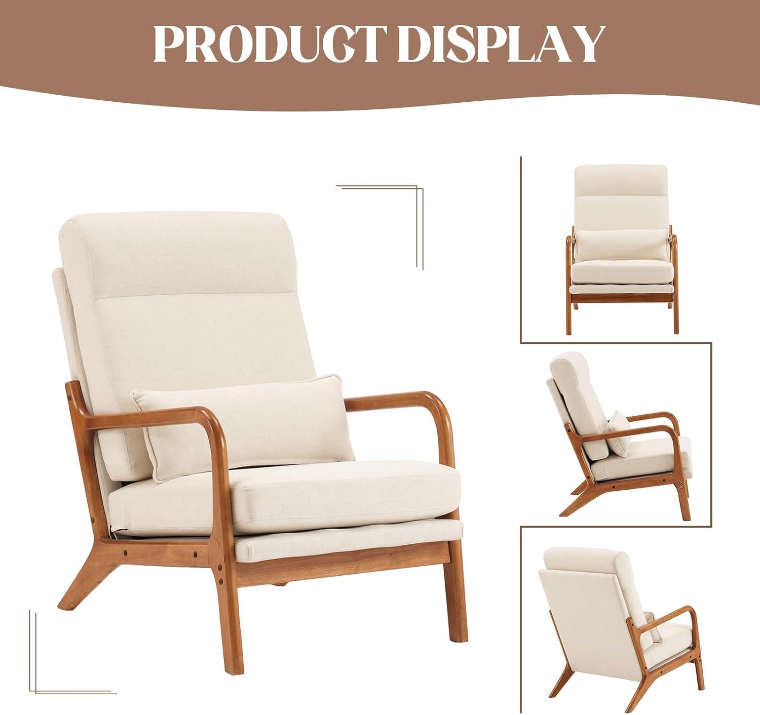 JULY'S SONG Mid-Century Wood Upholstered Fabric Solid Print Armchair, Beige (Set of 2)