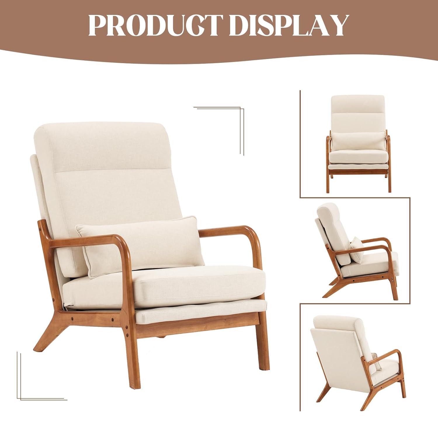 JULY'S SONG Mid-Century Wood Upholstered Fabric Solid Print Armchair, Beige (Set of 2)