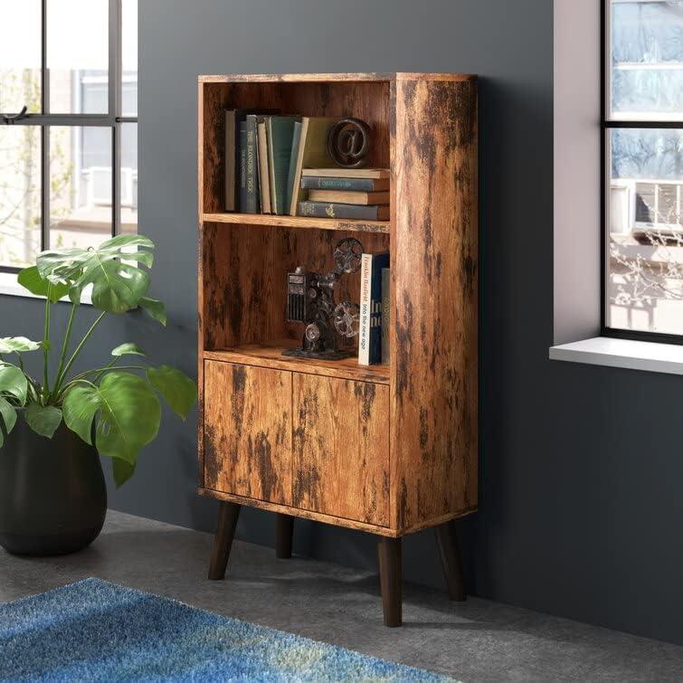 Walnut 2-Tier Mid-Century Modern Bookcase with Doors