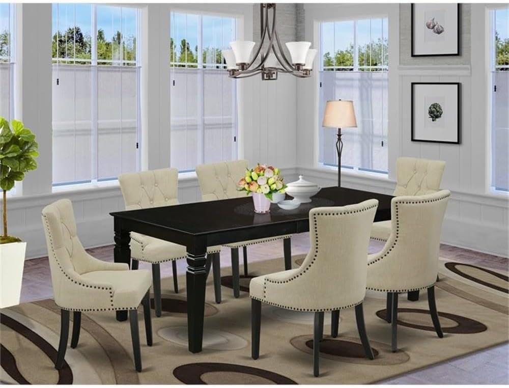 Black Rectangular Wood Dining Table with 6 Beige Linen Chairs