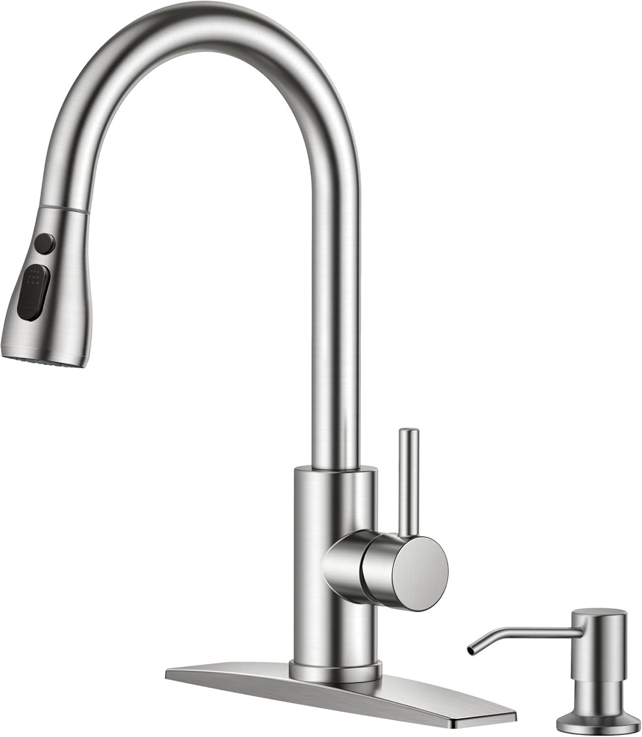 FORIOUS Kitchen Faucets, Brushed Nickel Kitchen Faucet with Pull Down Sprayer, High Arc Single Handle Stainless Steel Sink Faucets 1 or 3 Hole, Kitchen Sink Faucets for Farmhouse Camper Laundry Rv Bar