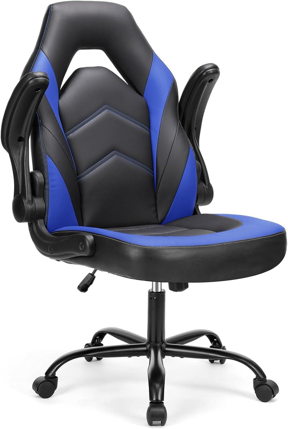 Black and Blue PU Leather Adjustable Gaming Chair with Flip-up Armrests