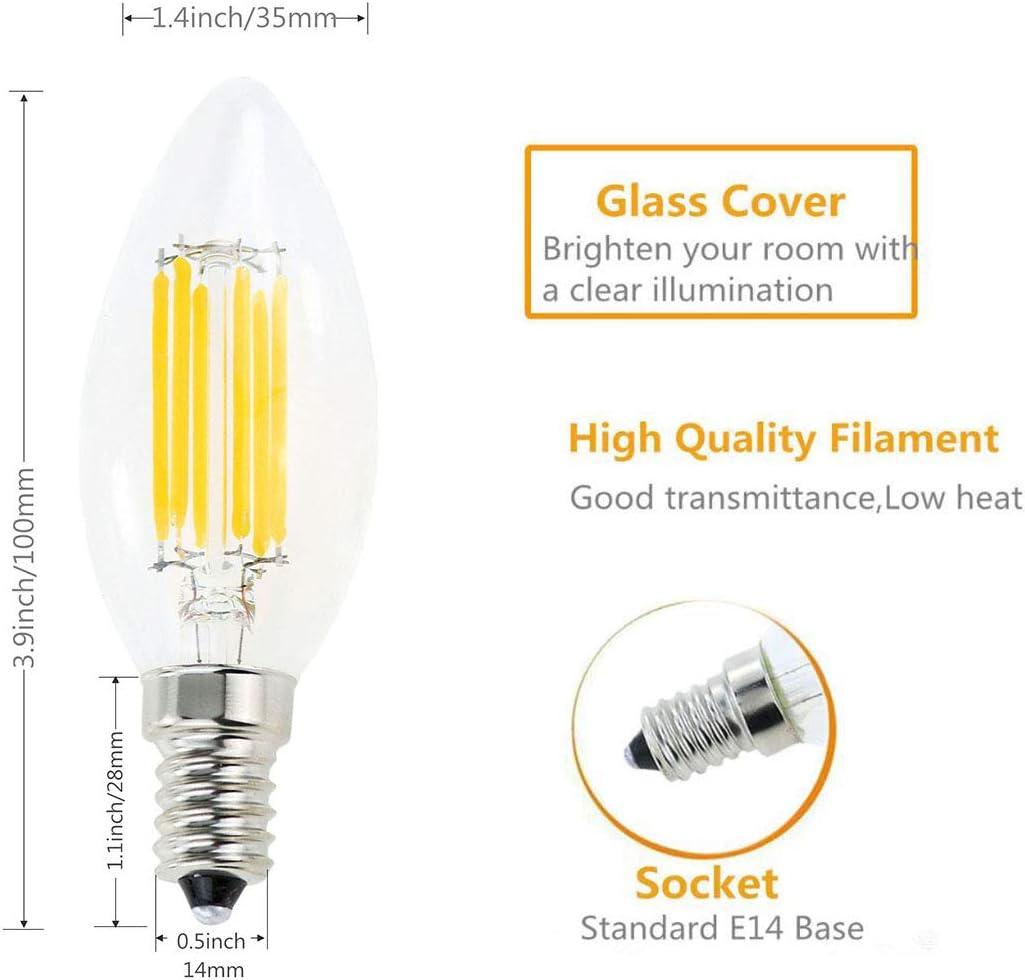 E14 LED Filament Candle Shape Light Bulb,E14 European Base Bulb,Warm White 2700K 600LM 60W Equivalent,C35 Clear Glass Torpedo Shape Bullet Top,No-Dimmable (2-Pack)