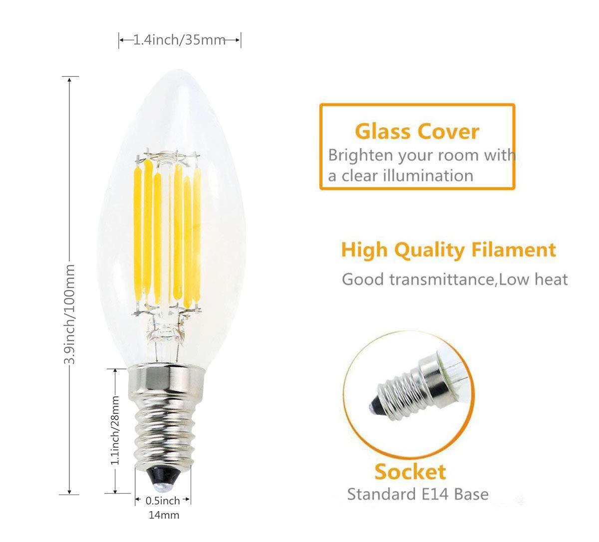 E14 LED Filament Candle Shape Light Bulb,E14 European Base Bulb,Warm White 2700K 600LM 60W Equivalent,C35 Clear Glass Torpedo Shape Bullet Top,No-Dimmable (2-Pack)