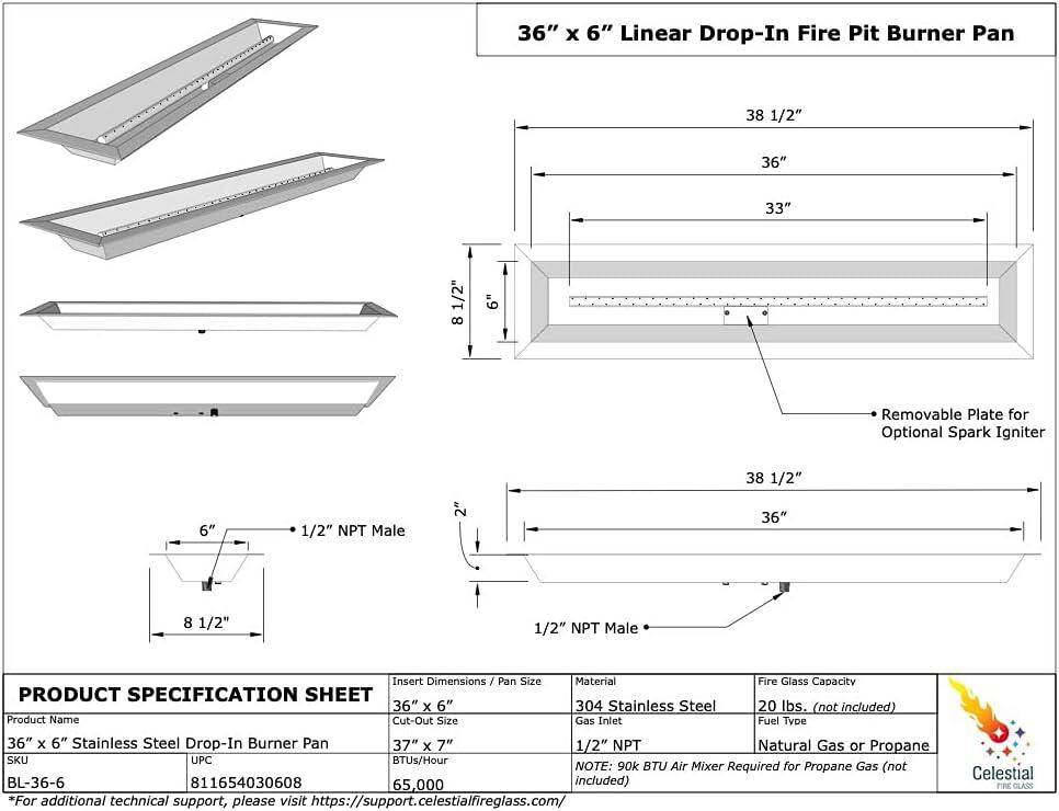 36" Stainless Steel Rectangular Gas Fire Pit Pan