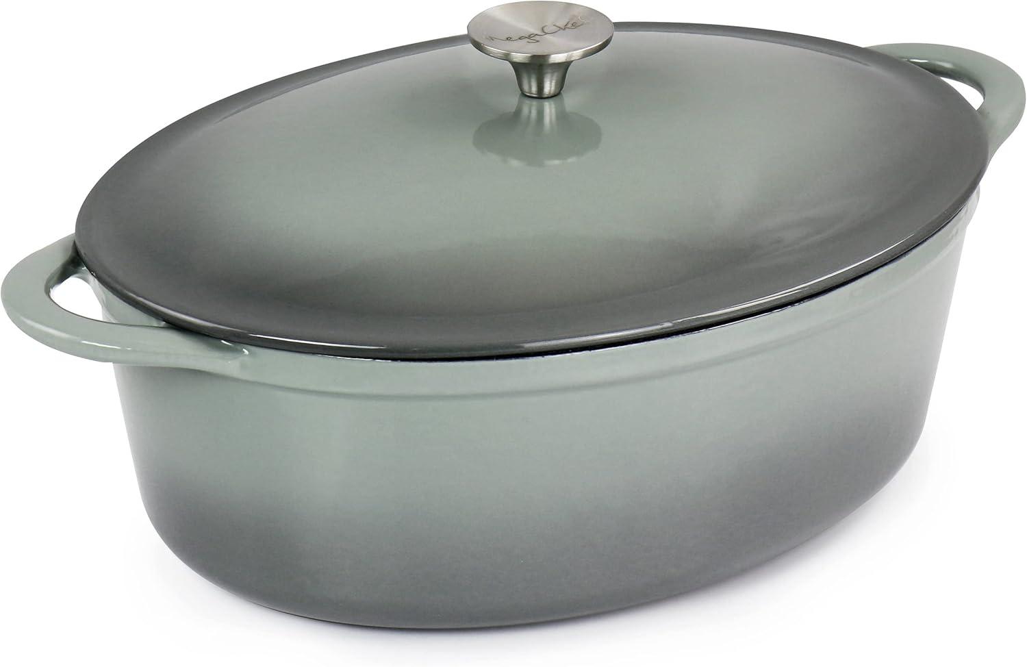 MegaChef 7 Quarts Oval Enameled Cast Iron Casserole in Gray