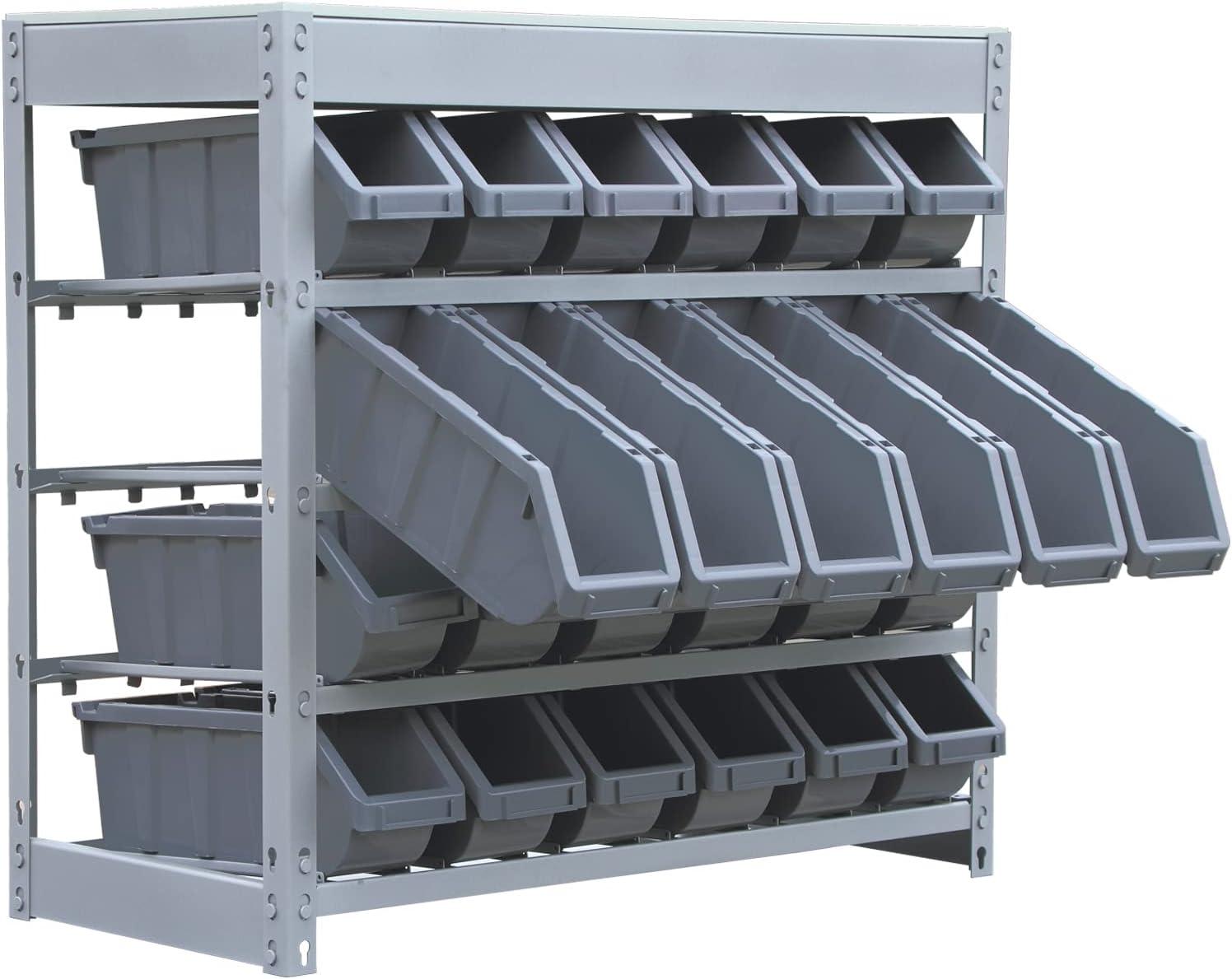 King's Rack 4-Tier Metal Organizer Shelving Rack with 24 Bins in Gray