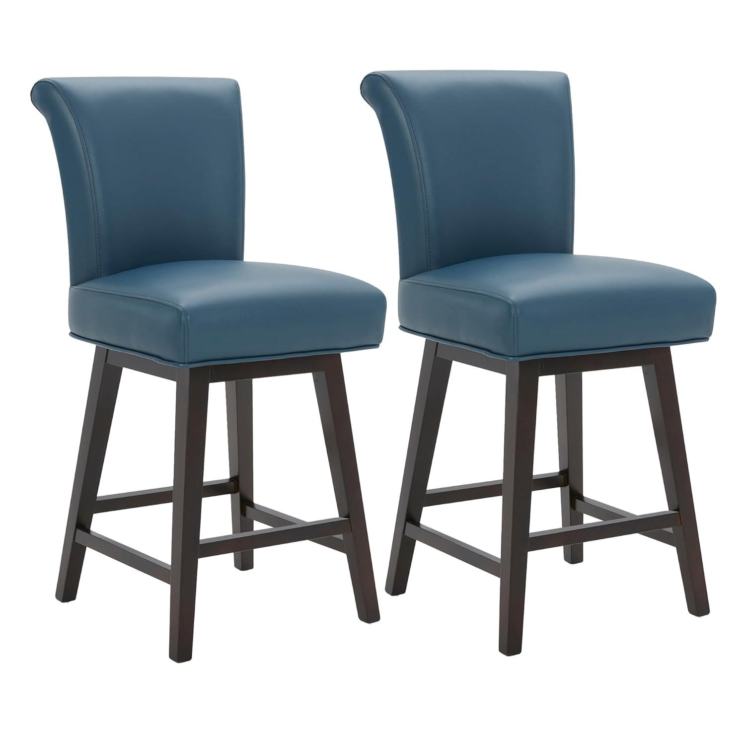 Swivel Bar Stools Set of 2 with Thicker Wood Legs,26" Counter Height Bar Stools,Faux Leather,Blue