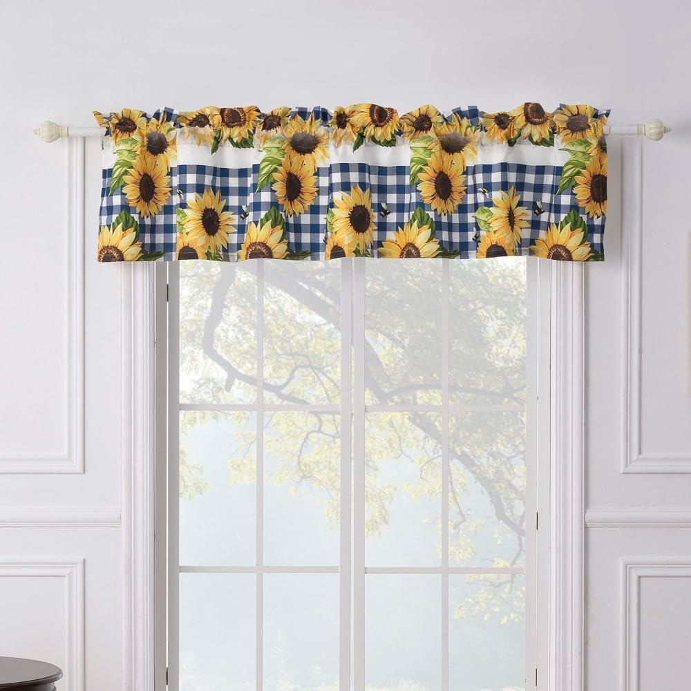 Barefoot Bungalow Sunflower Blue Checker Tailored 84" Window Valance
